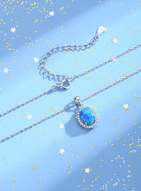 S925纯银锆石镶钻椭圆欧泊石项链女生唯美复古彩宝石吊坠锁骨链女