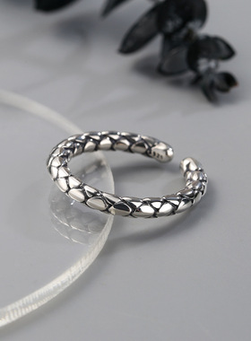 纯银龙鳞片蛇纹实心素圈戒指男女