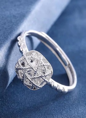 S999足银花丝镂空方形方糖戒指女生轻奢高级小众缠丝编织食指环女