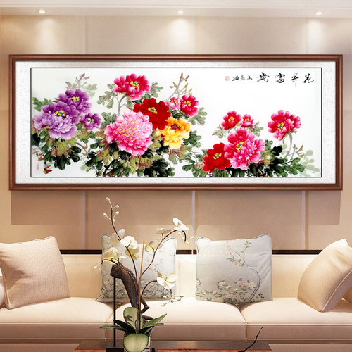 中式客厅沙发背景墙装饰画国画牡丹花手绘花开富贵真迹卷轴壁挂画 - 图1