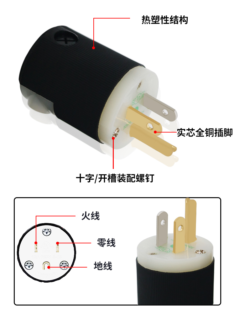 荷宝5266c音响工业接线NEMA 5-15P/15R美标美式电源公母对插插头