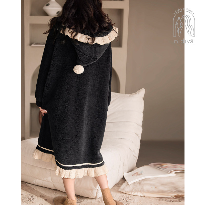 妮狄娅2024睡衣睡袍女秋冬季甜美开衫珊瑚绒连帽中长款浴袍家居服,淘宝优惠券,粉丝福利购,淘宝优惠卷