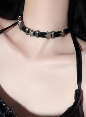 复古黑色皮革五角星拼接皮革项圈y2k朋克辣妹甜酷高级感颈链项链