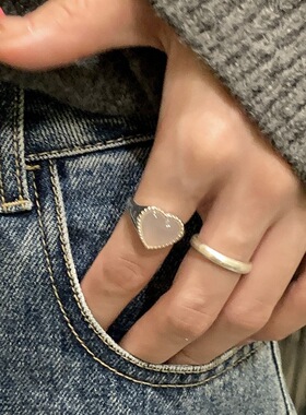 白色爱心锆石戒指女百搭时尚简约素圈叠戴S925镀银开口指环食指戒