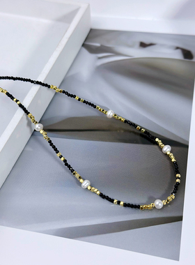 黑尖晶珍珠项链女简约冷淡风