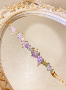 春夏新款串珠花朵淡水珍珠米珠小清新少女感甜美可爱紫色系小花