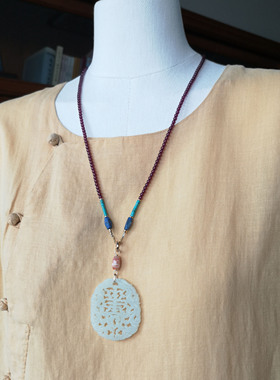 [观心]和田玉双凤捧寿玉坠项链