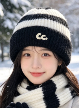 秋冬韩系撞色条纹加厚保暖针织帽