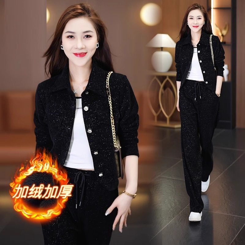 加绒加厚时尚套装女2025秋冬新款小个子休闲洋气显瘦阔腿裤两件套,淘宝优惠券,粉丝福利购,淘宝优惠卷