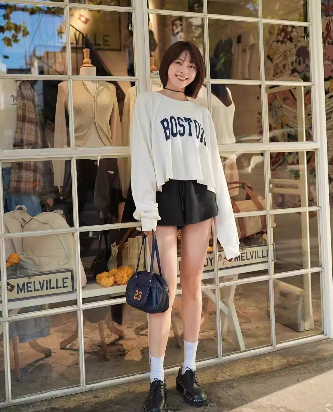 Brandy girl bm新美式复古Boston字母印花上衣华夫格毛边长袖t恤 - 图0