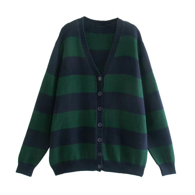 brandy虞书欣同款复古慵懒风墨绿条纹bm针织开衫毛衣外套女中长款,淘宝优惠券,粉丝福利购,淘宝优惠卷