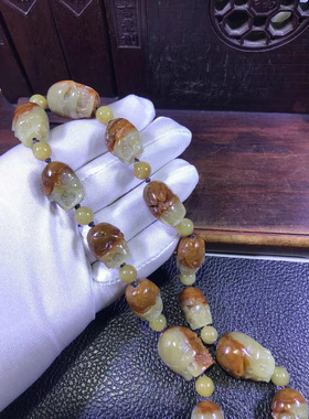 和田玉东北籽料透闪石玉黄白河磨玉鸿运当头手持佛珠183克纯天然