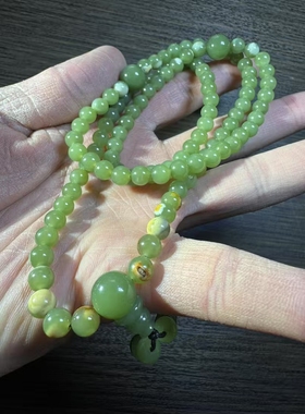 析木河磨玉108粒佛珠卡6圆珠颜色黄绿色玉质细腻光滑珠子饱满圆润