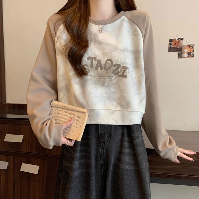 Maillard tie-dye raglan sleeve retro sweatshirt for women in autumn plus size slightly fat mm slimming short top that covers belly and hides meat