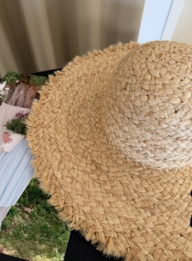 拉菲草帽子女夏天遮阳海边防晒度假字母大帽檐出游百搭沙滩帽子女