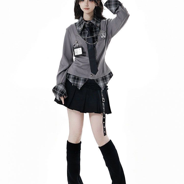 风吟雪【失序札记】学院卷边衬衫格纹袖收腰针织工字褶半裙 - 图2