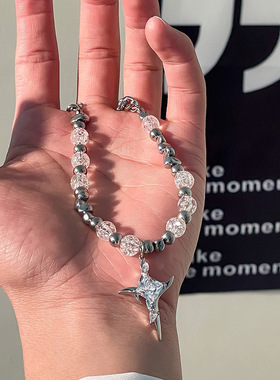 小众不规则十字架项链冰裂珠钛钢拼接锁骨链男女配饰