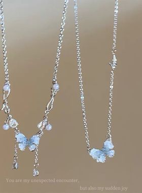 渐变蓝蝴蝶流苏项链配饰女