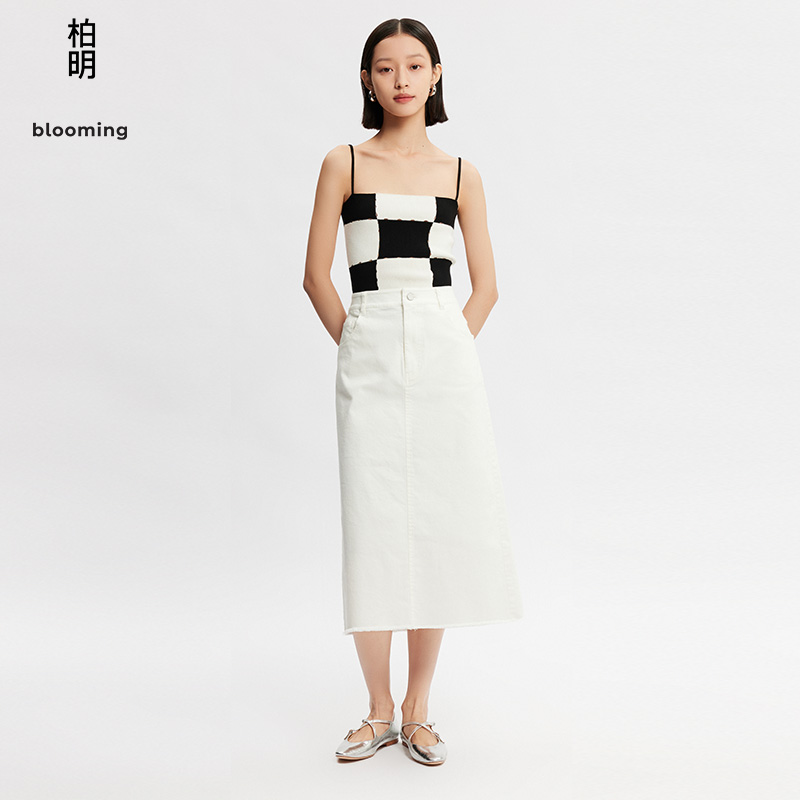 柏明blooming春季女装时尚修身镂空棋盘格针织细吊带-图1