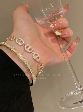 气质名媛～轻奢猫眼石锆石两件套叠戴手镯猪鼻子手链女2023年新款