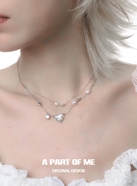 小众925纯银白蝶贝爱心双层项链女镶钻不掉色简约高级冷淡锁骨链