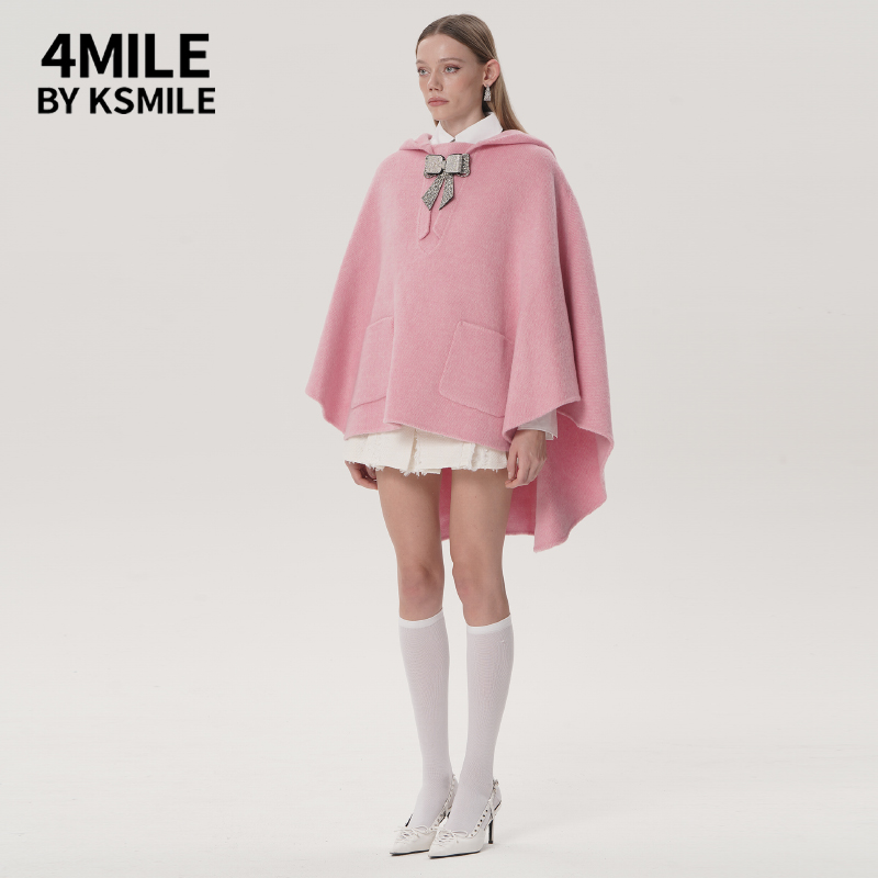 4MILE by KSMILE冬季新品阿尔巴卡羊驼毛闪钻蝴蝶结斗篷大衣女-图2