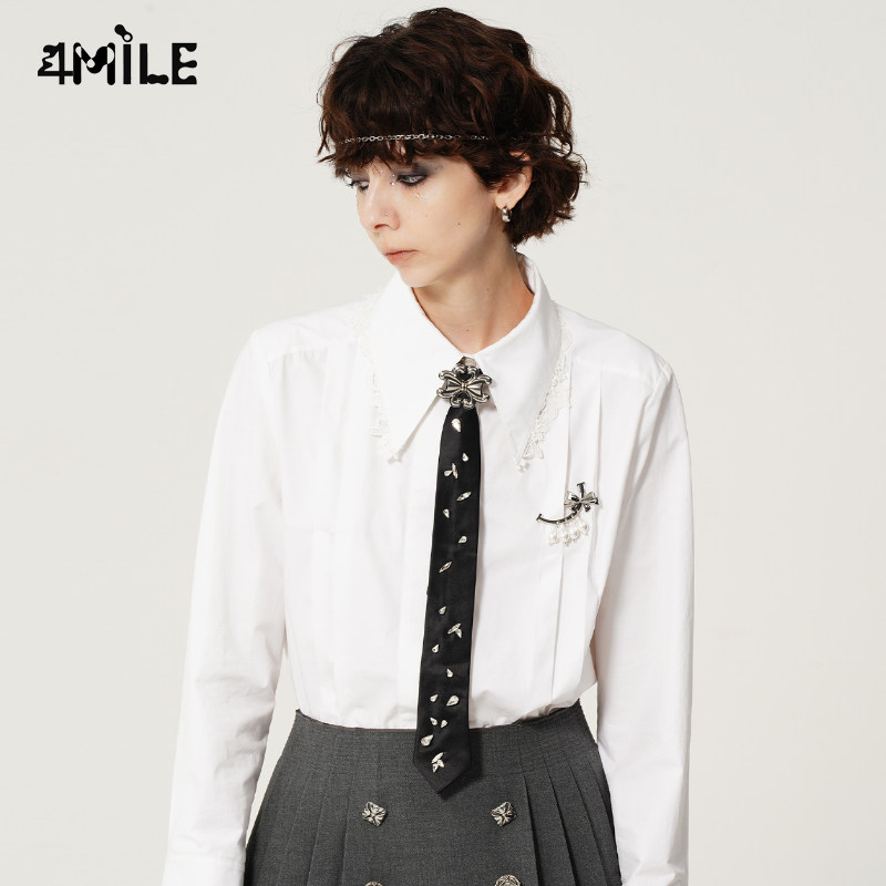 4mile设计师品牌 女士学院风黑色钉珠领带 金属logo款