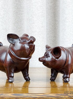 黑檀实木雕刻寓意招财公母猪摆件