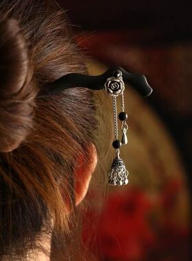 祥云莲花簪子黑檀木古风气质饰品