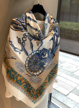 复古大方巾女室内外搭空调护颈披肩高端亚麻防晒出游围巾丝巾方巾
