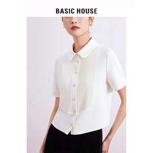 Basic House/百家好精致短袖衬衫2024春季新款高端白色雪纺衬衫女