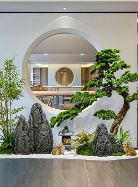 楼梯拐角处造景仿真迎客松景观会所餐厅办公室户外摆件装饰品布置
