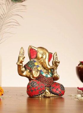 印度手工黄铜Ganesha象头神雕像带倾斜的头部7 英寸工艺摆件