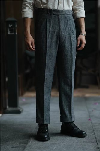秋冬羊毛呢子加厚意式复古那不勒斯宽松直筒西裤男大码垂感休闲裤 - 图2