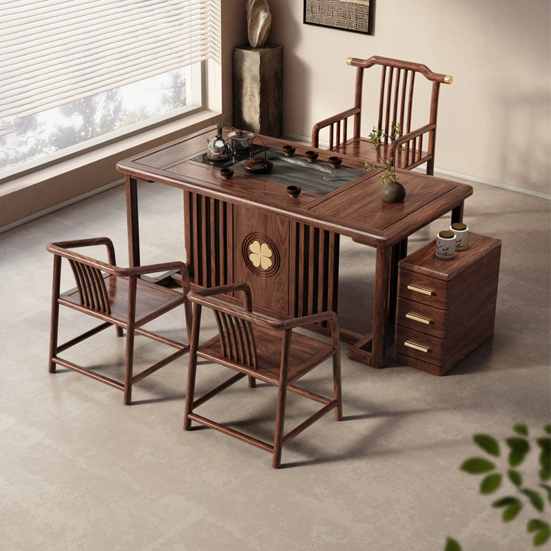 新中式实木茶桌椅组合一桌五椅黑胡桃木阳台禅意茶桌家用客厅茶台 - 图0