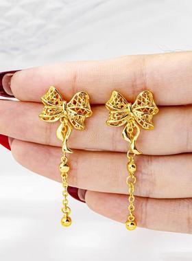 新中式蝴蝶结流苏沙金耳钉