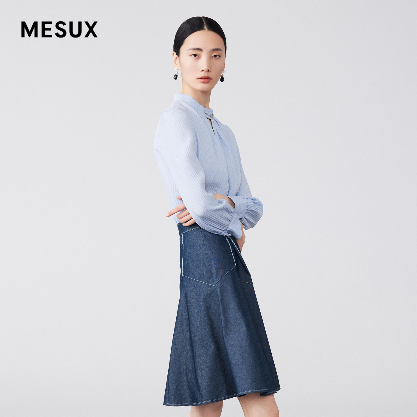 MESUX米岫秋季新品链条领镂空真丝小上衣女小个子衬衫女MKSUD505 - 图1