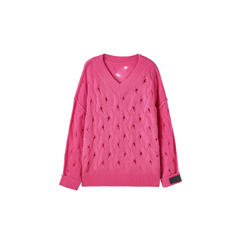 U/TI玫红色V领镂空羊毛针织衫女装 设计感潮毛衫尤缇时尚春季新款 - 图3