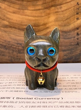 黑檀木实木雕刻法斗犬可爱摆件