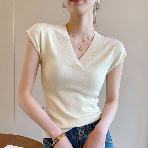 V领正肩短袖T恤女春夏新款修身性感收腰衬衫韩版显瘦露腰针织上衣 - 图1