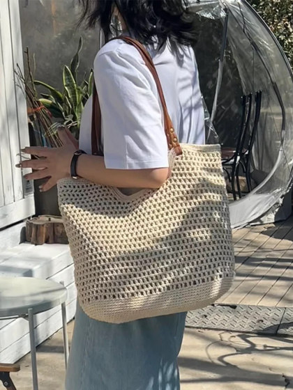 2024 new large capacity single shoulder cotton woven bag new hollow mesh tote bag seaside vacation beach bag