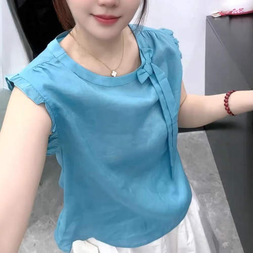 25713新大爱美依缘2026夏季花边袖领口蝴蝶结绑带无袖上衣女T恤 - 图1