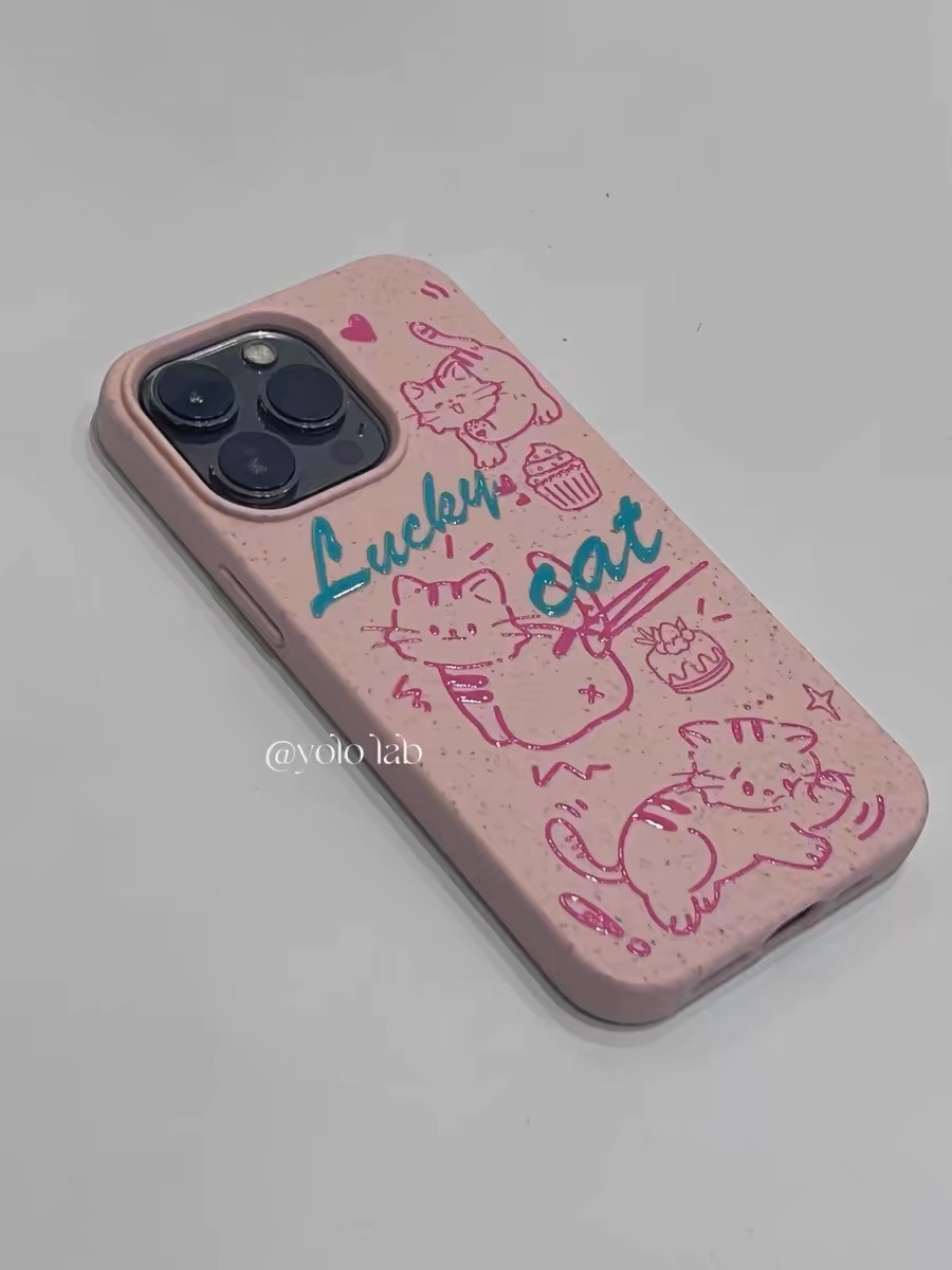 简笔画创意粉色线条小猫适用于苹果15/14手机壳磨砂可降解小麦壳软壳11/12promax高级xs/xr防摔7p搞笑
