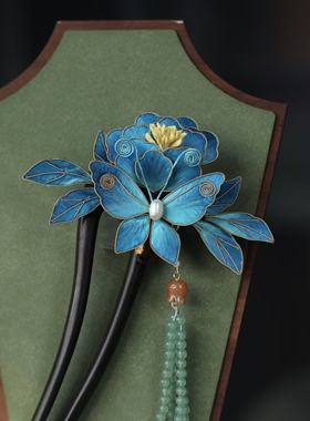 隐木【蝶恋花】非遗桑蚕丝绒花掐丝牡丹蝴蝶步摇重工艺家居饰品