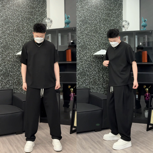 New summer fashion, thin and ice-sensing extremely simple short sleeves, slack and versatile straight casual pants solid color suit couple