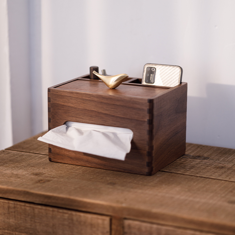 黑胡桃木收纳纸巾盒实木质餐客厅餐纸巾轻奢极简家用办公桌抽纸盒