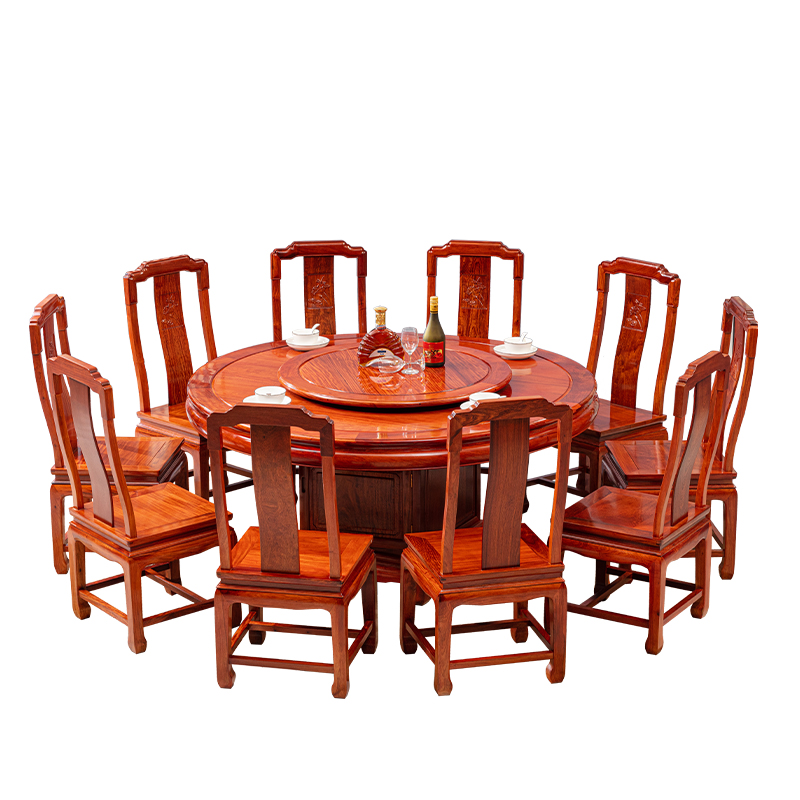 红木家具大果紫檀圆形家用带转盘一桌八椅中式餐桌缅甸花梨木圆桌-图3