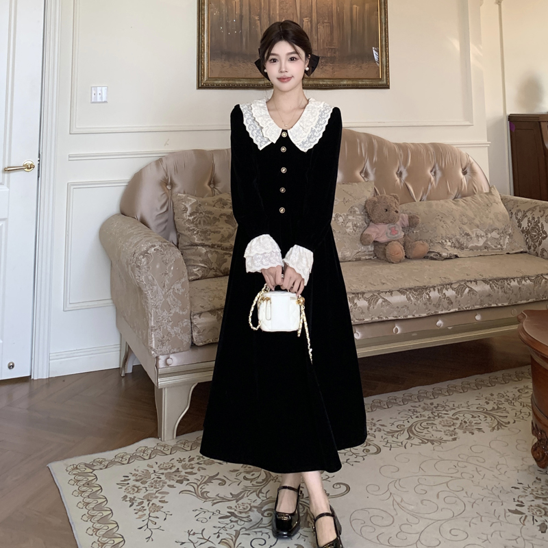 MM谢谢家胖妹妹妹系富家千金风黑色丝绒蕾丝花边领显瘦长连衣裙女 - 图2
