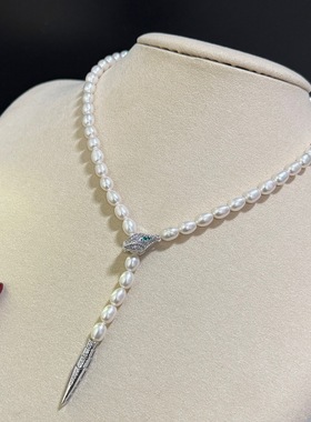 蛇年新6-7mm强光天然淡水米形珍珠注金绿宝蛇头款搭扣50CM