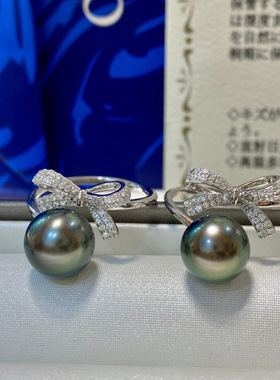 S925纯蝴蝶结 海水珍珠戒指     9-10mm海水大溪地黑珍珠